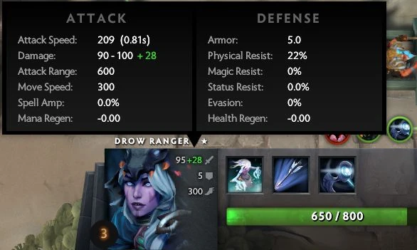Характеристики героя Drow Ranger и надетые на неё предметы в Dota Auto Chess