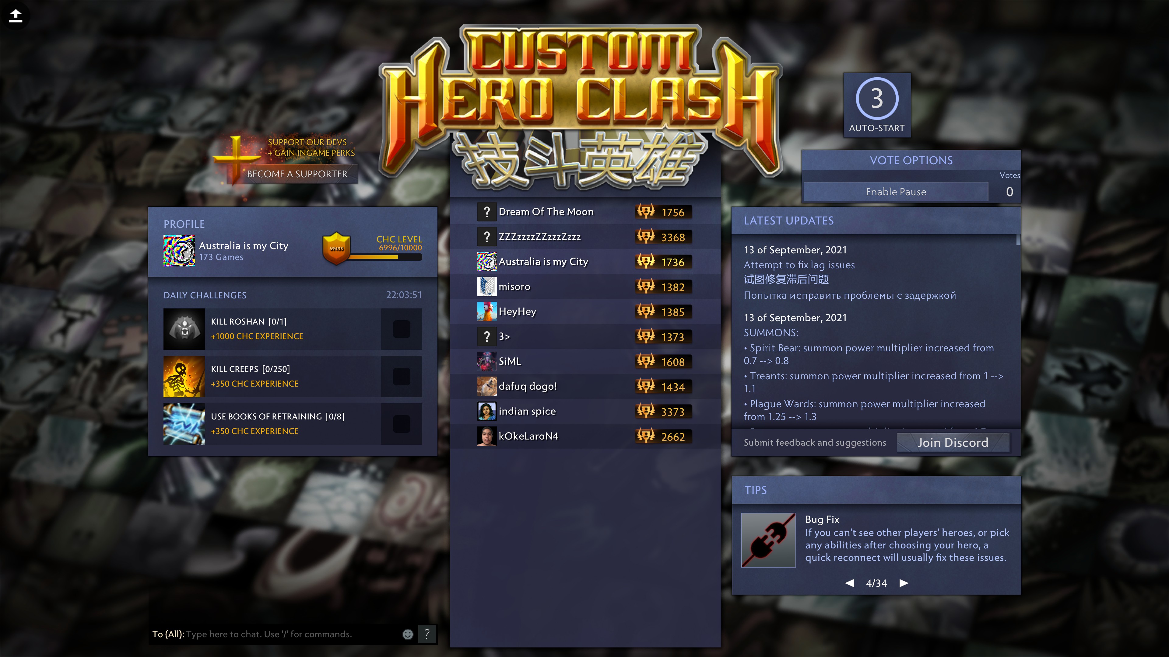 Главное меню Custom Hero Clash: логотип, список игроков лобби, профиль с уровнем CHC и ежедневные задания