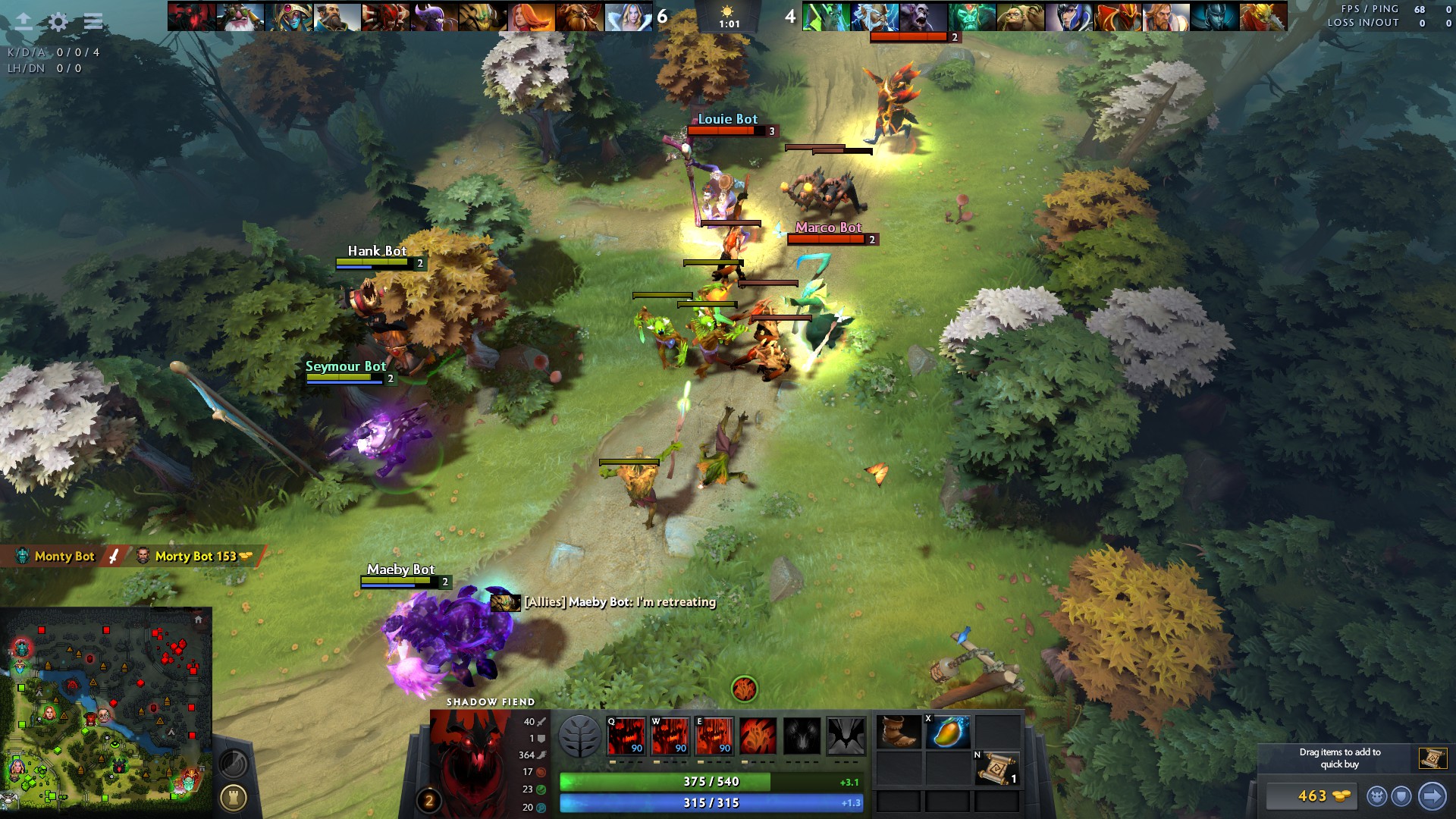 Массовый бой на линии в Dota 10v10: десятки героев сошлись в одной стычке, вверху экрана видны портреты по 10 героев на команду