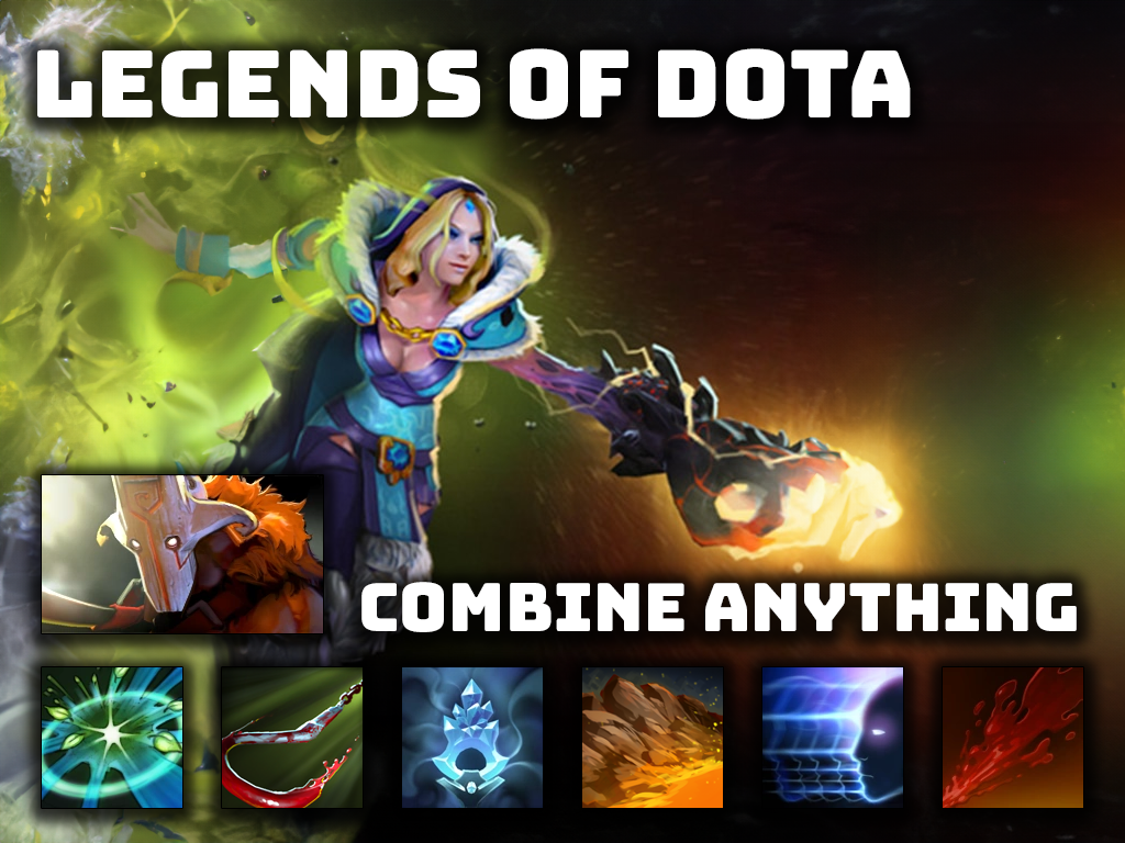 Заставка Legends of Dota: Crystal Maiden и набор иконок способностей с надписью COMBINE ANYTHING