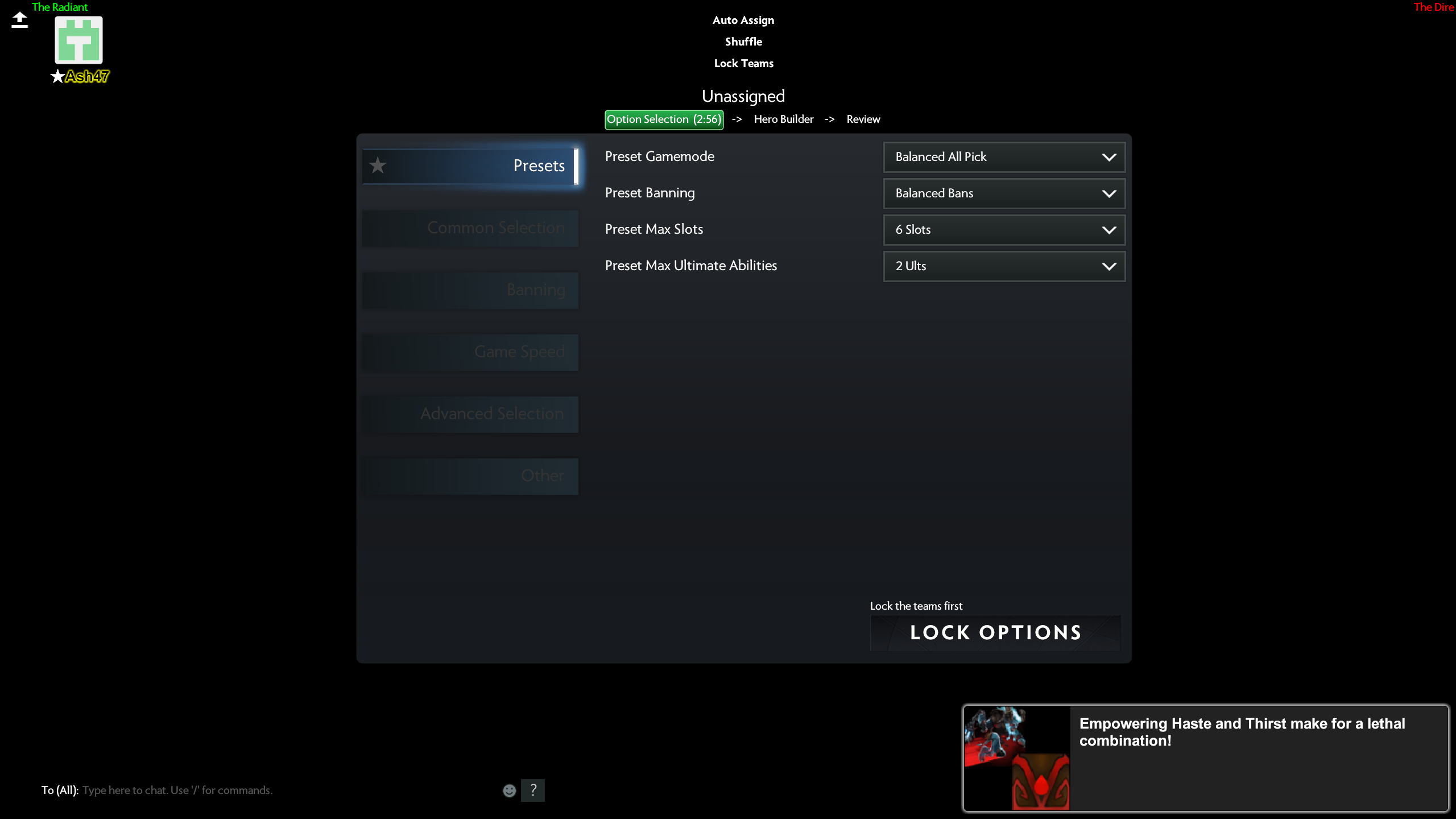 Экран Option Selection в LoD с пресетами: Balanced All Pick, Balanced Bans, 6 Slots, 2 Ults