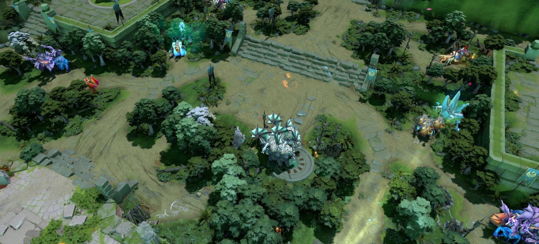 Вид сверху на арену Open Angel Arena с героями обеих команд