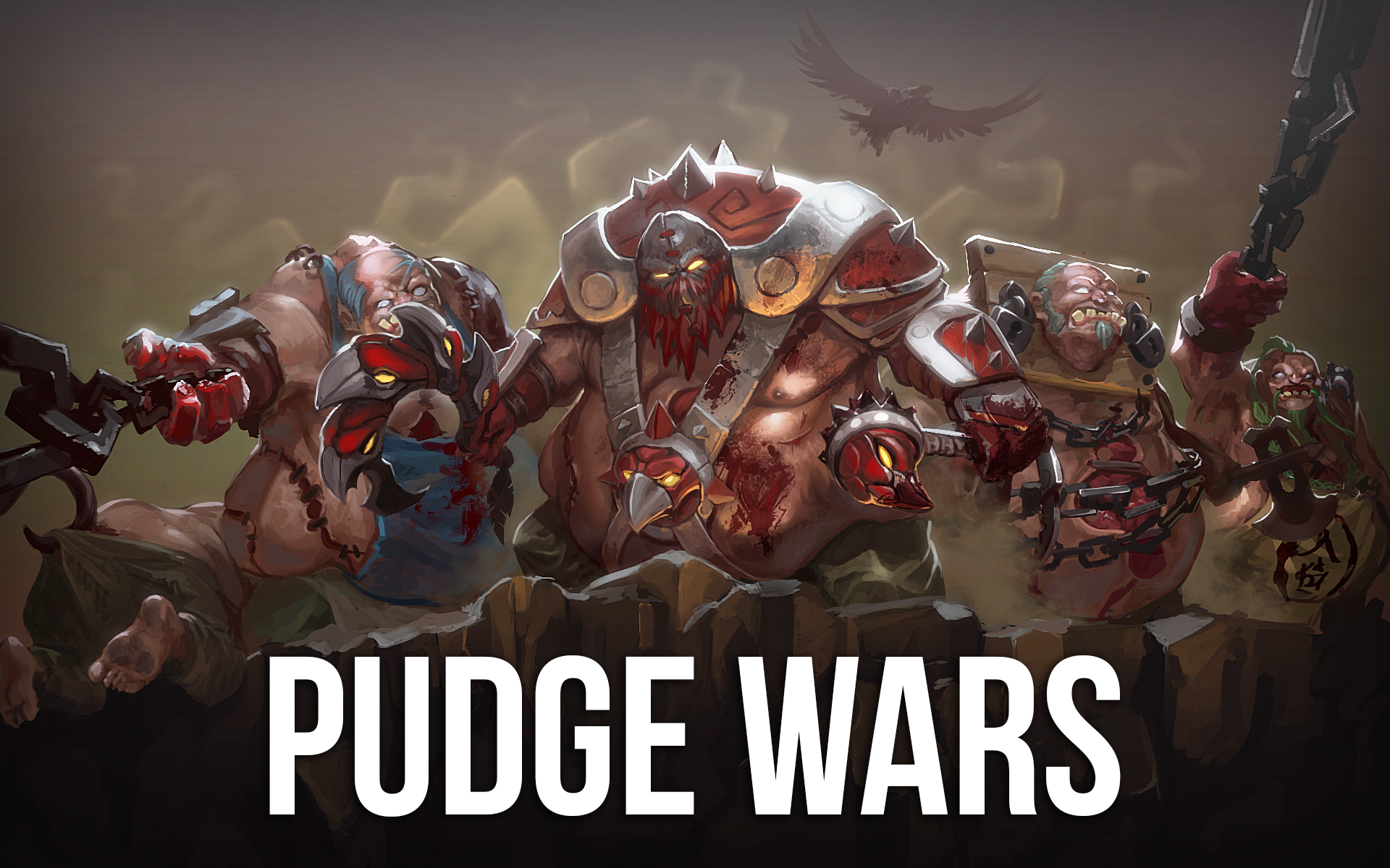 Заглавный арт Pudge Wars: несколько Пуджей с крюками